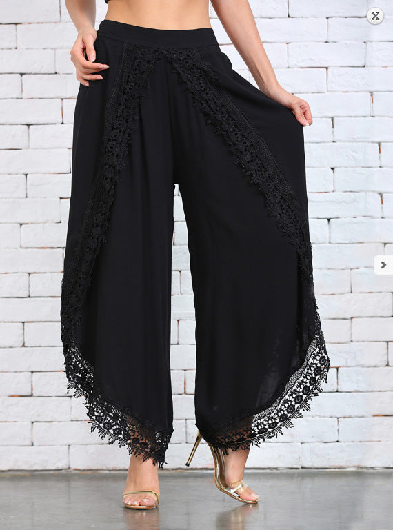 Ladies Elegant Lace Trim Wide Pants Ivyshape