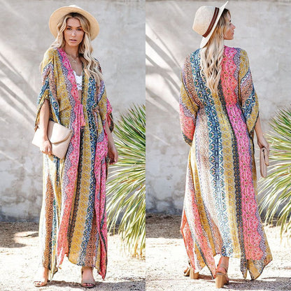 Women's beach kimono with unique floral pattern mix and side lacing Ivyshape