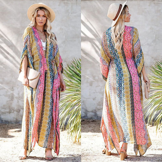 Women's beach kimono with unique floral pattern mix and side lacing Ivyshape