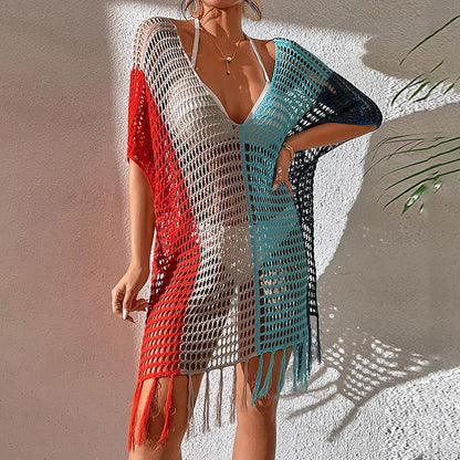 Women's airy mesh beach poncho with fringed accents Ivyshape