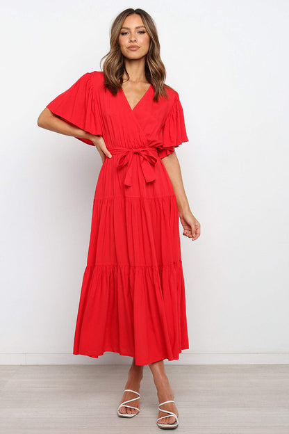 Women's Wrap Maxi Dress with Voluminous Sleeves and Ruffle Details Ivyshape