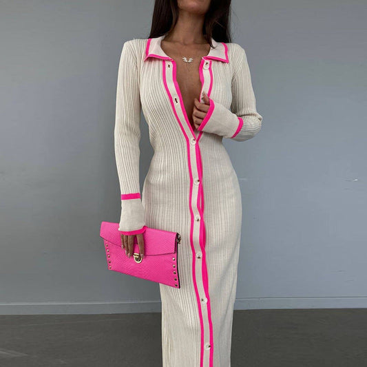 Women's knit maxi dress with contrast seams and button details Ivyshape