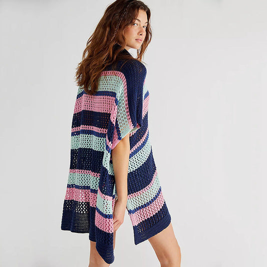 Ladies knitted beach poncho with fashionable contrast stripes Ivyshape