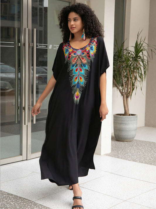 Women's Maxi Dress with Artistic Feather Design Ivyshape