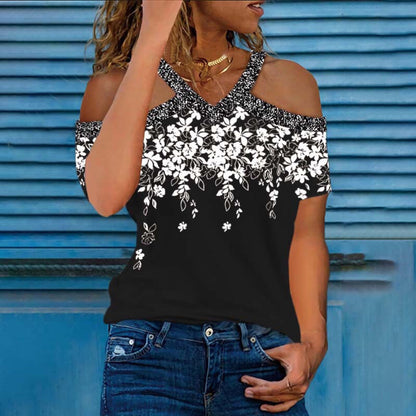 Women's Cold Shoulder Flower Pattern Top Ivyshape