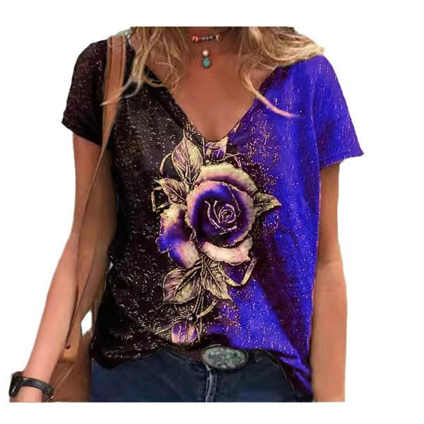 Women's Artistic Floral Graphic V-Neck T-Shirt Ivyshape