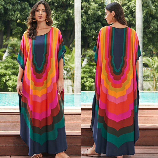 Women's trendy beach kaftan with colorful wave pattern and wide sleeves Ivyshape