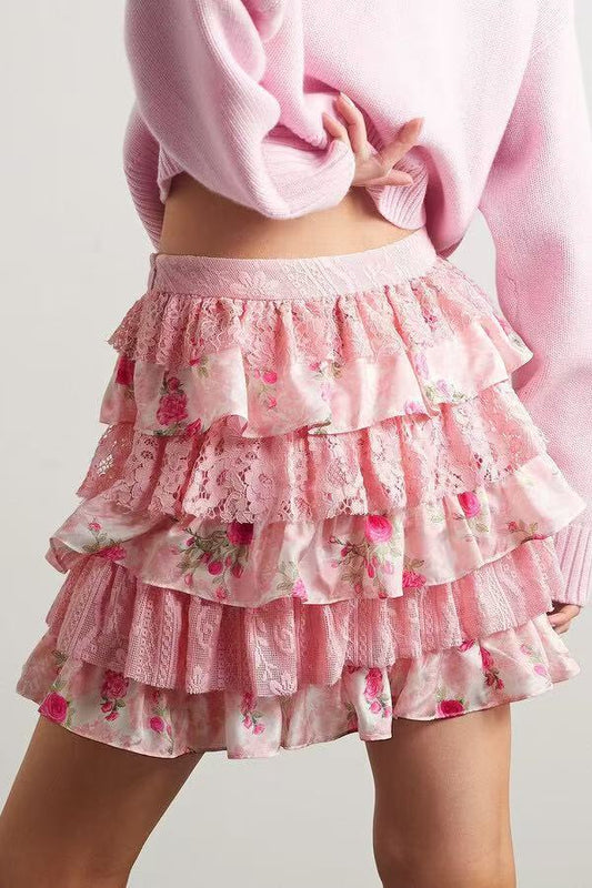 Ladies Ruffled Lace Flower Mini Skirt Ivyshape