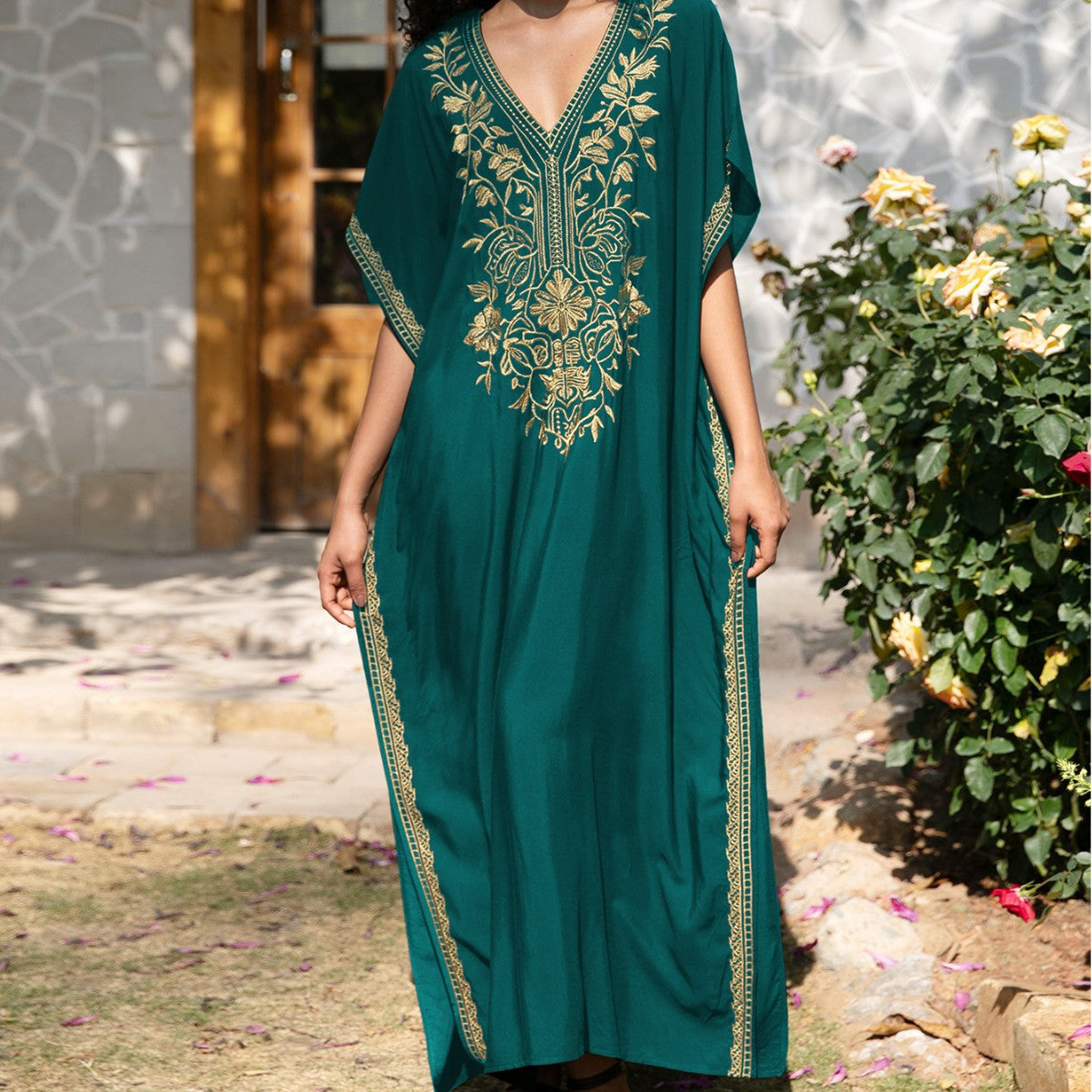 Women's kaftan dress with intricate golden border and elegant V-neck Ivyshape