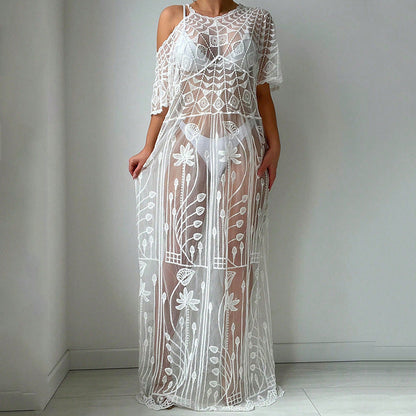 Women's transparent crochet beach cover-up with floral patterns Ivyshape