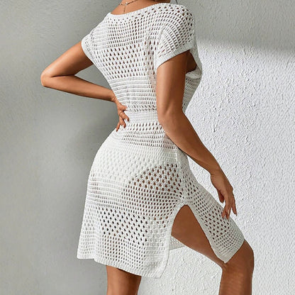 Women crocheted beach dress with V-neck and elastic waistband Ivyshape