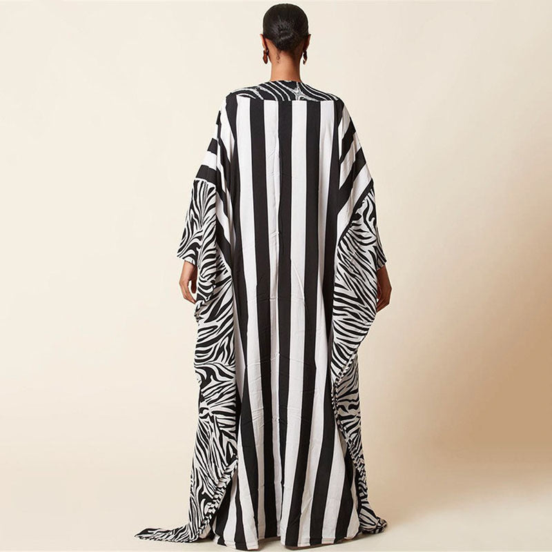 Ladies elegant kaftan with artistic zebra pattern and glittering accents Ivyshape