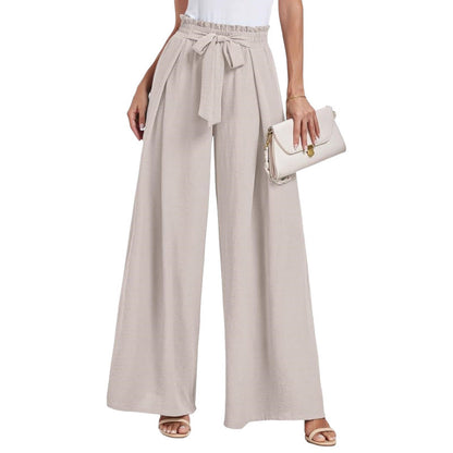 Ladies Wide High Waist Pants with Tie Belt and Elegant Style Ivyshape