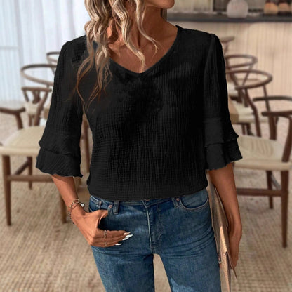 Women V-neck blouse with ruffle details and textured fabric Ivyshape