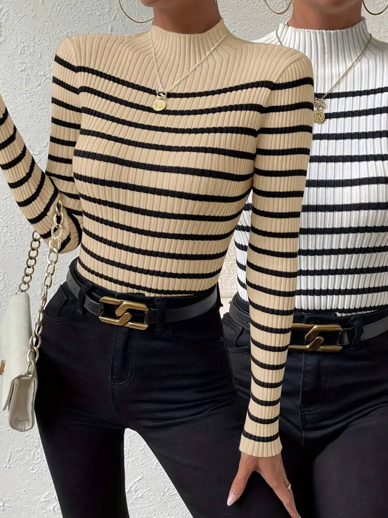 Women's Long Sleeve Ribbed Top with Striped Design Ivyshape