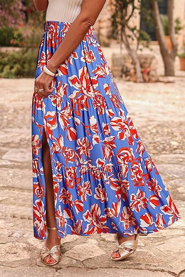 Women's Bohemian Floral Tiered Dress Maxi Skirt Ivyshape