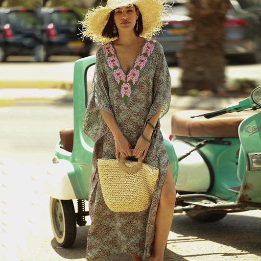 Ladies beach tunic with artistic floral embroidery and casual cut Ivyshape