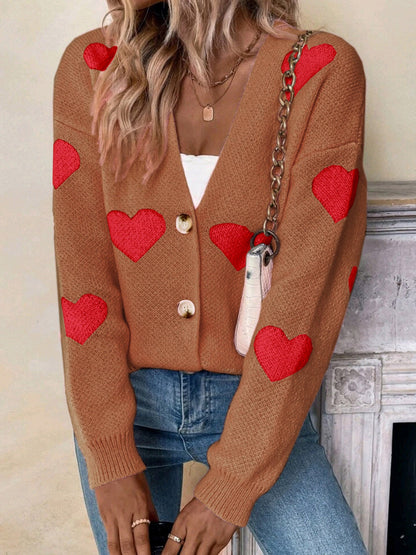 Ladies knitted cardigan with heart pattern and button placket Ivyshape