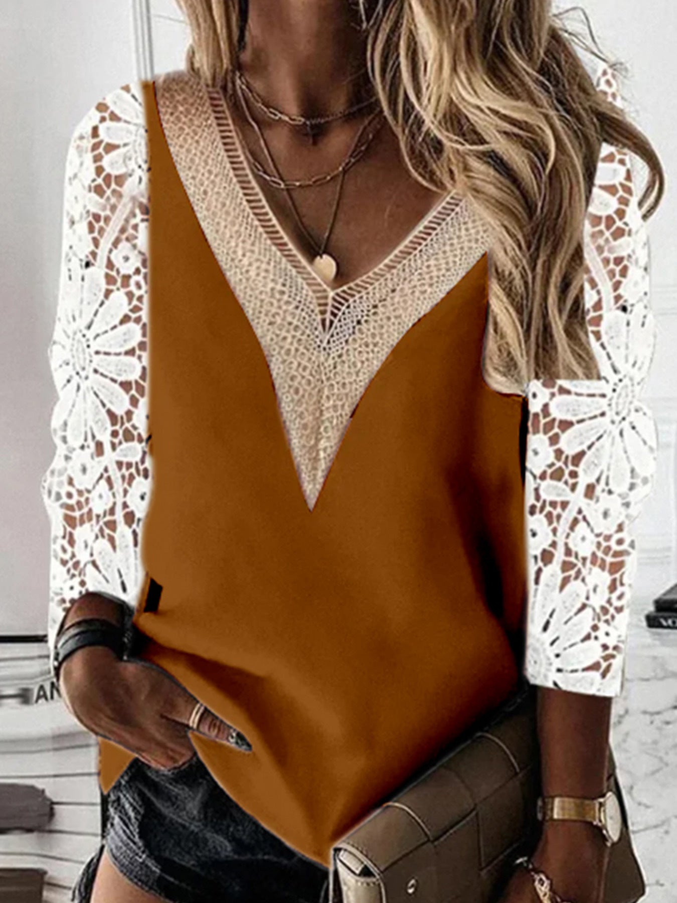 Ladies airy crochet shirt with V-neck and lace inserts Ivyshape