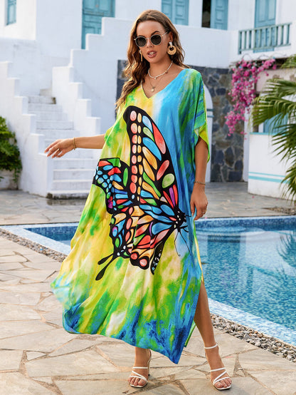 Women's Beach Dress with Colorful Butterfly Motif and Loose Sleeves Ivyshape