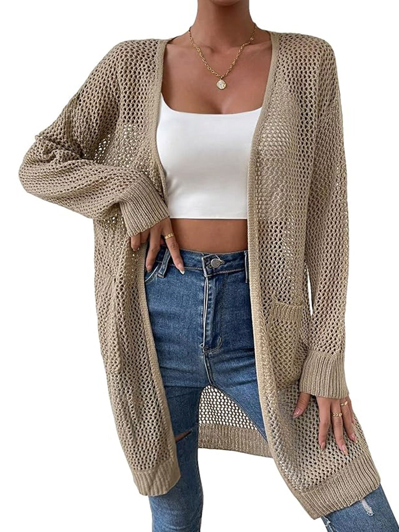 Women airy knitted cardigan with open design and practical pockets Ivyshape