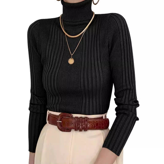 Women's fine knit turtleneck sweater with elegant rib design Ivyshape