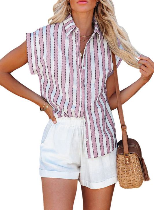 Women's casual linen shirt with striped design and elegant button placket Ivyshape