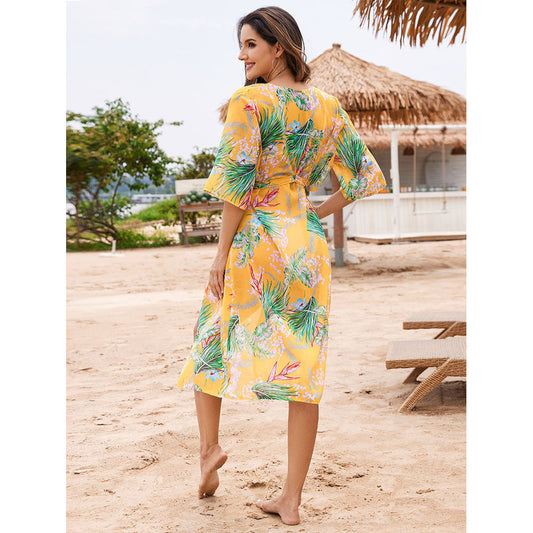 Ladies elegant beach kimono with floral design and adjustable belt Ivyshape