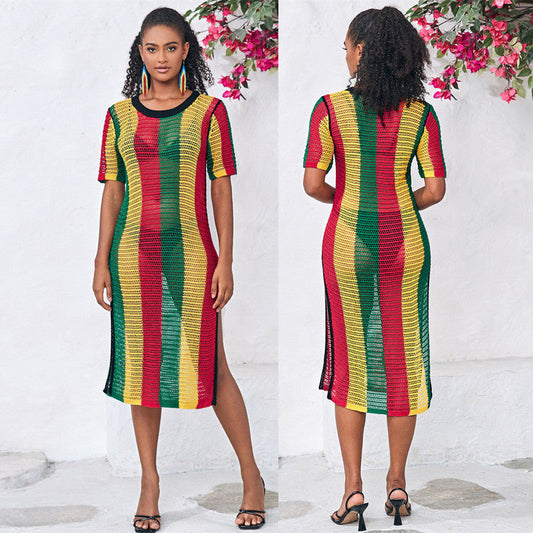 Women airy mesh beach dress with multicolored stripe pattern Ivyshape
