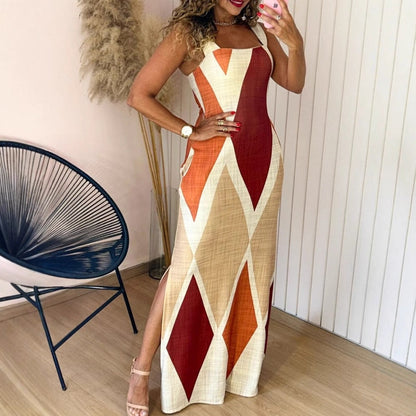 Ladies Maxi Dress with Modern Diamond Pattern and Side Slit Ivyshape