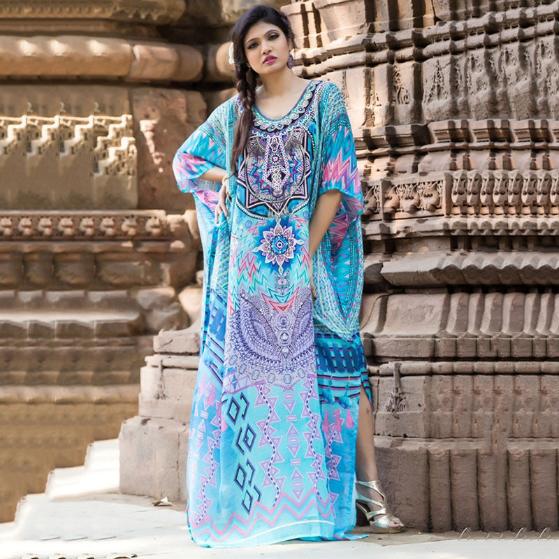 Women's elegant maxi kaftan with elaborate ethnic design and side slits Ivyshape