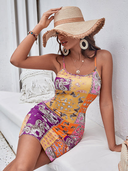 Women's mini dress with colorful paisley pattern and adjustable straps Ivyshape