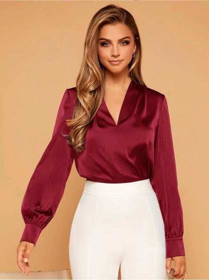 Women's Satin Blouse with V-Neck and Elegant Puff Sleeves Ivyshape