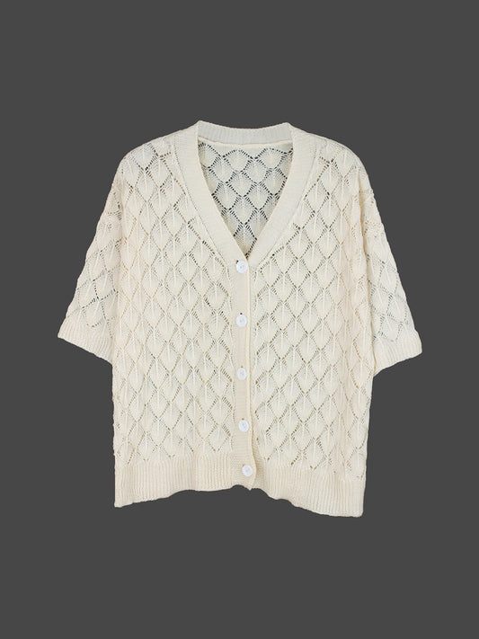 Ladies airy knit cardigan with open front and delicate lace pattern Ivyshape