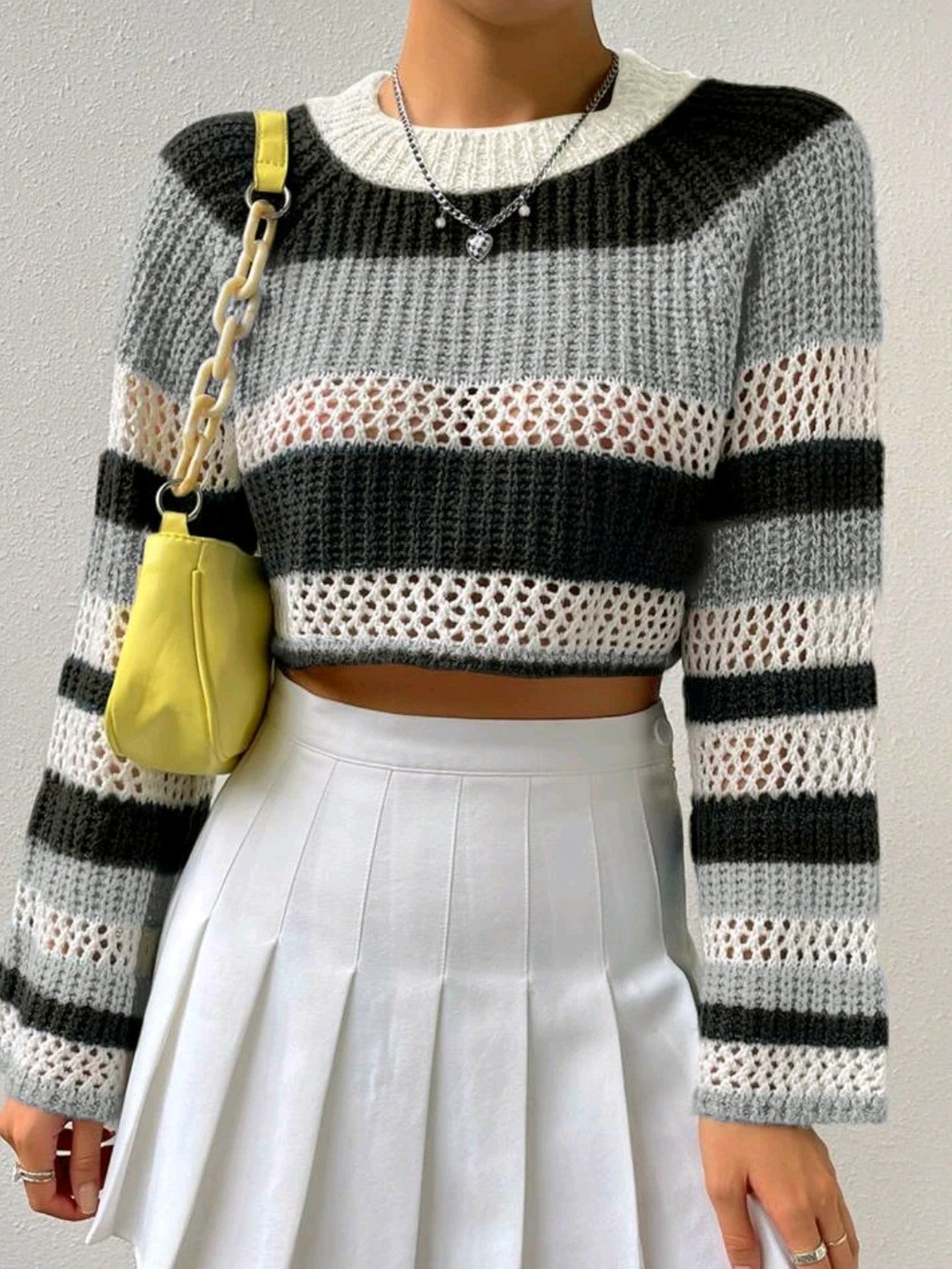 Women's Casual Cropped Knit Sweater with Mesh Design and Striped Pattern Ivyshape