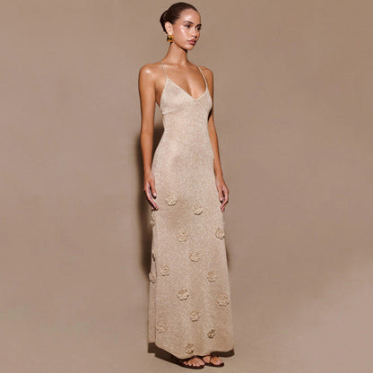 Women's maxi dress with shiny fabric and floral design Ivyshape