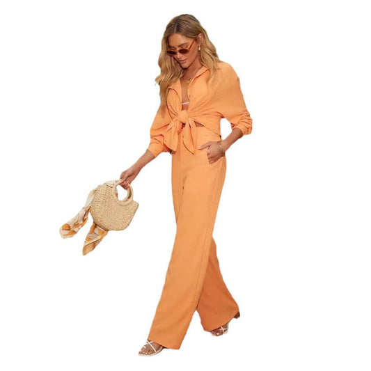 Women Chic Oversized Knot Front Shirt and Wide Leg Pants Set Ivyshape