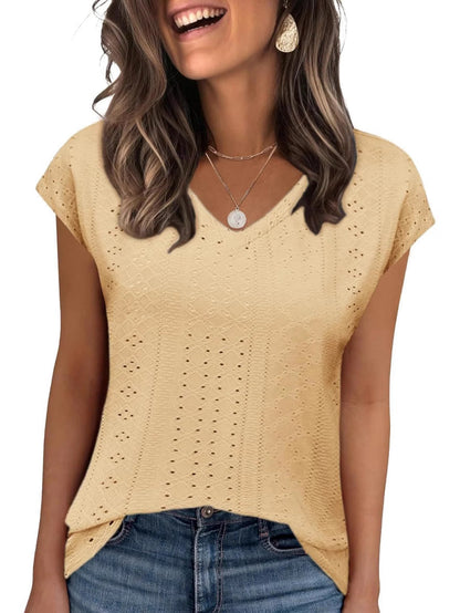 Women Lightweight V-Neck Eyelet Knit Top Ivyshape