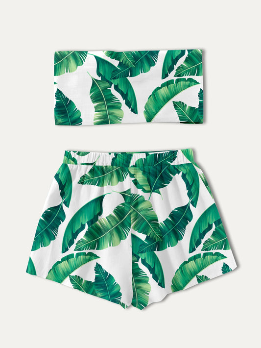 Women's Casual Shorts and Top Set with Tropical Leaf Pattern Ivyshape