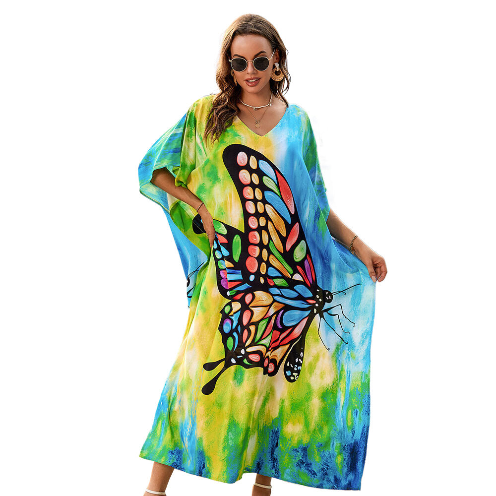 Women's Beach Dress with Colorful Butterfly Motif and Loose Sleeves Ivyshape