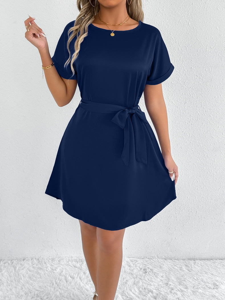 Women’s casual summer dress with fixed waist belt and short sleeve design Ivyshape