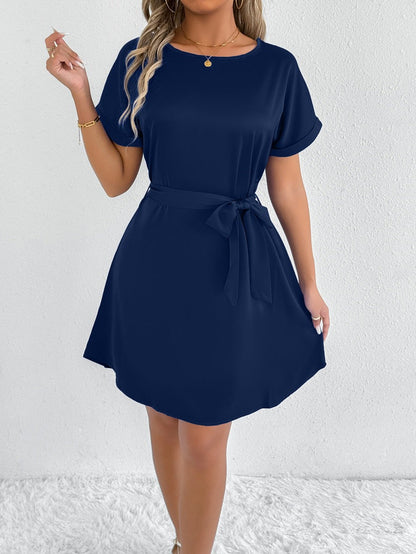 Women’s casual summer dress with fixed waist belt and short sleeve design Ivyshape