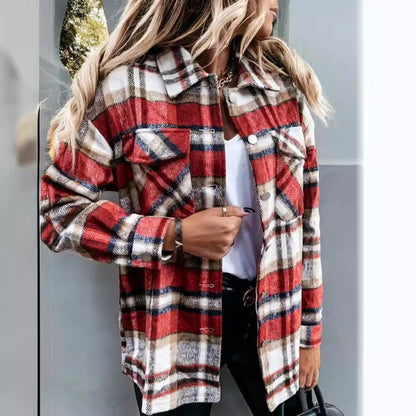Women casual check blouse with decorative buttons and patch pockets Ivyshape