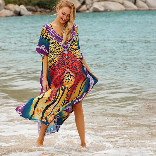 Women's beach cover-up with artistic animal pattern and elegant border Ivyshape