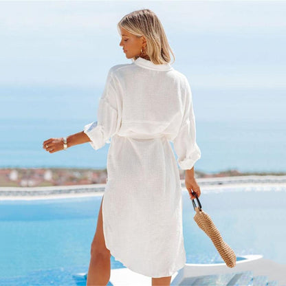 Women's casual shirt dress with waist belt and asymmetrical hem Ivyshape