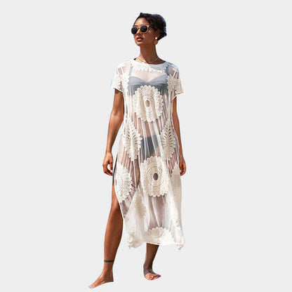 Ladies Transparent Crochet Beach Robe with Floral Pattern Ivyshape