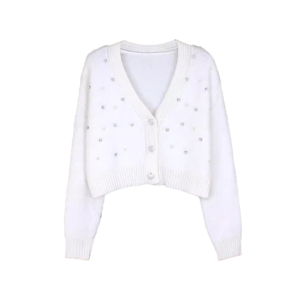 Women's Fuzzy Cardigan with Pearl Decoration Ivyshape