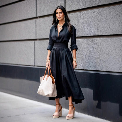 Women's shirt dress with asymmetrical hem and elegant waist belt Ivyshape