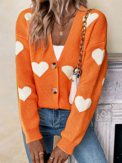 Ladies knitted cardigan with heart pattern and button placket Ivyshape