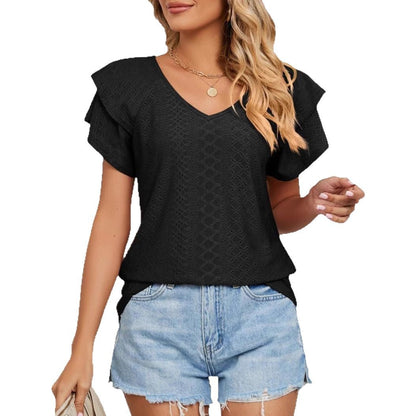 Women Broderie Anglaise V-Neck Top Ivyshape